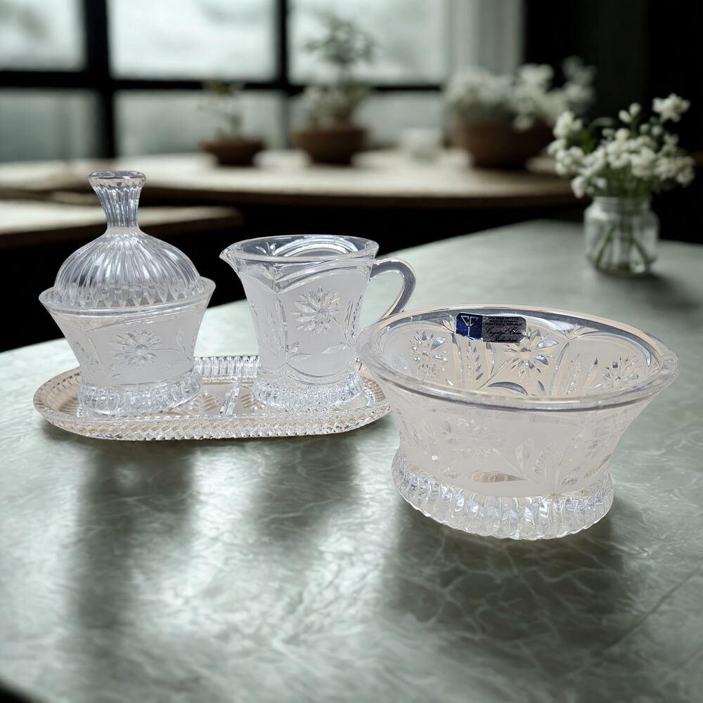 Lausitzer Margret Daisy Floral Crystal Sugar Creamer Tray Candy Dish Set READ